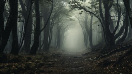 a dense and mysterious fog-covered forest