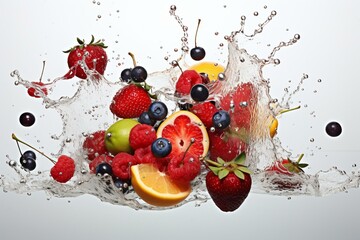 An image with a plain white background displaying fruits being soaked in water. Generative AI