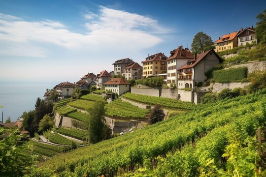 Chexbres village, Lake Geneva, Lavaux vineyard terrace, Lausanne, Switzerland. Generative AI