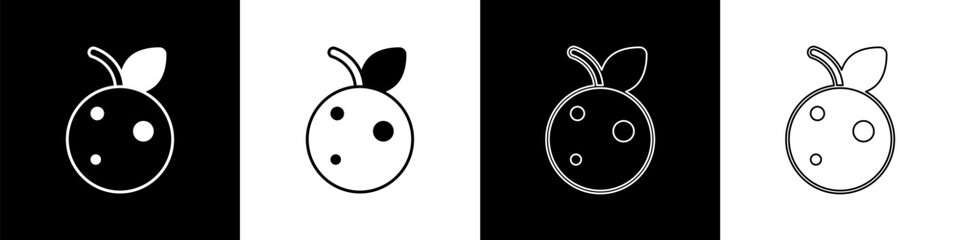 Set Peach fruit or nectarine with leaf icon isolated on black and white background. Vector