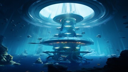 a futuristic underwater research facility with transparent viewing domes and marine life all around