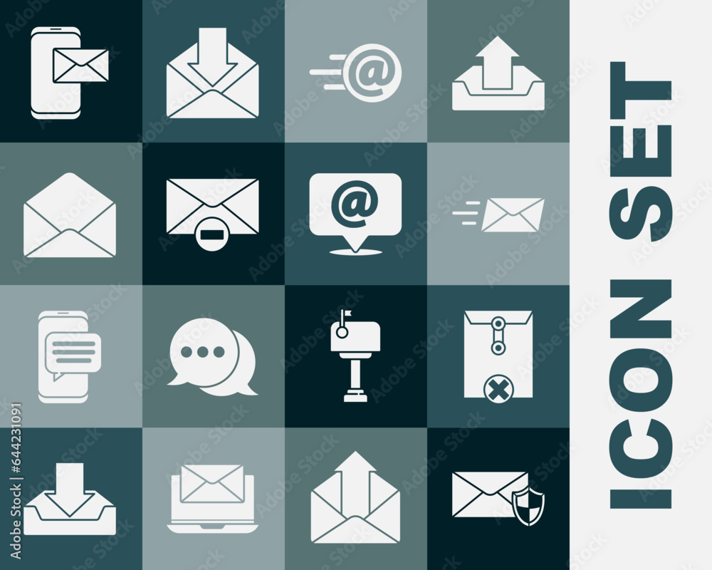 Poster set envelope with shield, delete envelope, express, mail and e-mail, mobile and on speech bubble ico