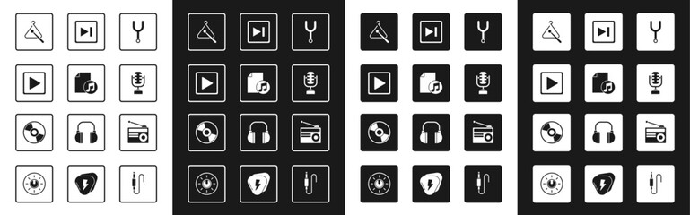 Set Musical tuning fork, book with note, Play square, Triangle musical instrument, Microphone, Fast forward, Radio antenna and CD DVD disk icon. Vector