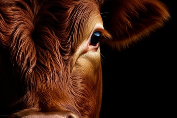 Close-up of red Angus cow's head against a black background. Generative AI