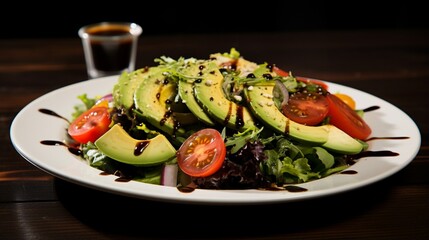 a gourmet salad, with mixed greens, cherry tomatoes, avocado slices, and a drizzle of balsamic vinaigrette
