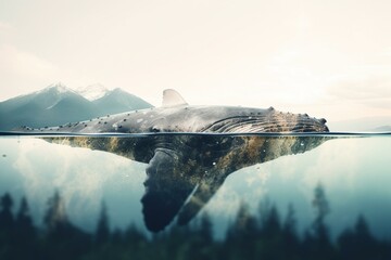 Double exposure capturing the harmony between nature and whale. Generative AI