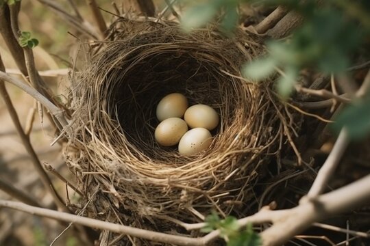 A bird's nest on a tree with eggs, waiting for hatchlings. Generative AI