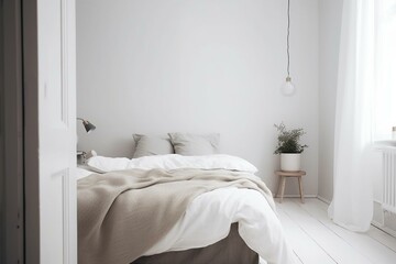Minimalist small urban bedroom in soft tones. Generative AI