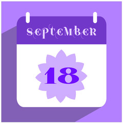 Flat icon calendar isolated on lilac background. Vector illustration. Calendar date. 18th day of the month icon. September.