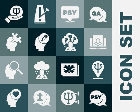 Set Psychology, Psi, Psychologist online, Addiction to the drug, Solution problem, and Head with question mark icon. Vector