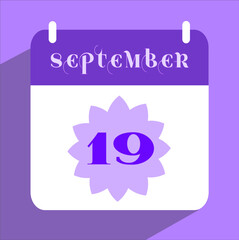 Flat icon calendar isolated on lilac background. Vector illustration. Calendar date. 19th day of the month icon. September.