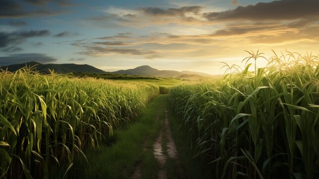 a high-definition image of a lush sugarcane field at golden hour