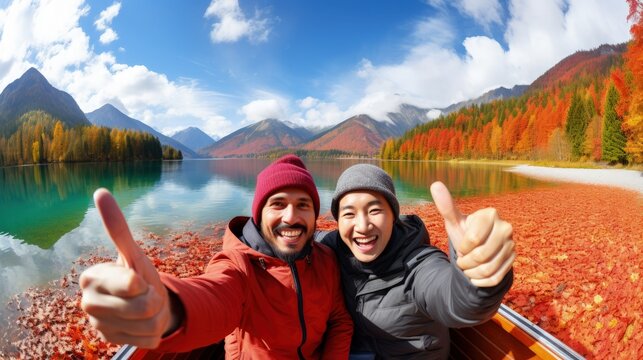 A couple of men experience a special moment on a boat with autumn scenery. Thumbs up.