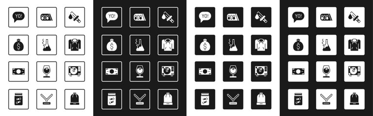 Set Bloody knife, Glass bong for smoking marijuana, Money bag, Yo slang lettering, Hoodie, Drum machine music, Vinyl player with vinyl disk and Stacks paper money cash icon. Vector