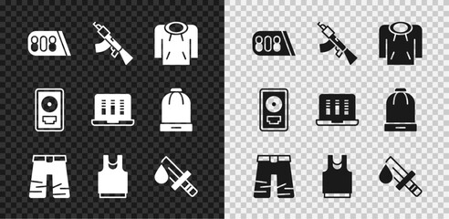 Set Drum machine music, Submachine gun, Hoodie, Wide pants, Undershirt, Bloody knife, CD disk award frame and Sound or audio recorder icon. Vector