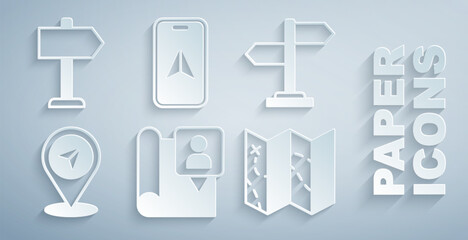 Set Folded map with location marker, Road traffic sign, Map pin, City navigation and icon. Vector