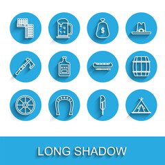 Set line Old wooden wheel, Horseshoe, Indian headdress with feathers, Feather pen, teepee wigwam, Whiskey bottle, Wooden barrel and Kayak canoe and paddle icon. Vector