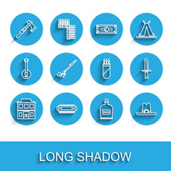 Set line Wild west saloon, Harmonica, Tomahawk axe, Alcohol drink Rum bottle, Western cowboy hat, Native American indian smoking pipe, Military knife and Quiver with arrows icon. Vector