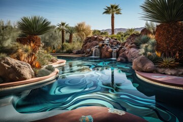 Fototapeta na wymiar Desert Oasis with Palm-Fringed Outdoor Pool - AI Generated