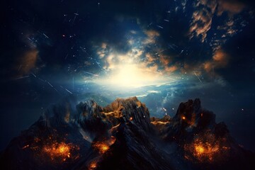 Naklejka premium Background of the top of a mountain with clouds in the sky and a heavenly light way to salvation cover Generative AI Illustration