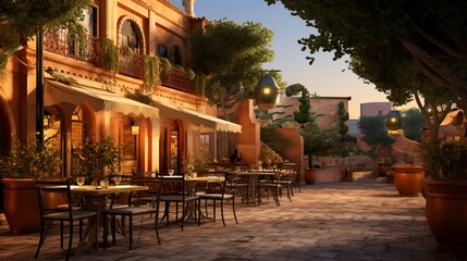 Fototapeta na wymiar a serene scene of a Mediterranean restaurant patio, with terracotta tiles, olive trees, and diners enjoying tapas under the stars