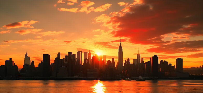 Cinematic view of cosmopolitan big city during sunset with orange tones and clouds in front of a 