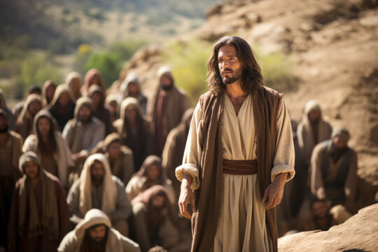 Jesus speaking to the people by parables on the mountain in the midst of nature Generative AI Illustration