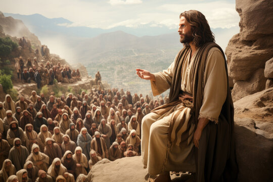 Jesus speaking to the people by parables on the mountain in the midst of nature Generative AI Illustration