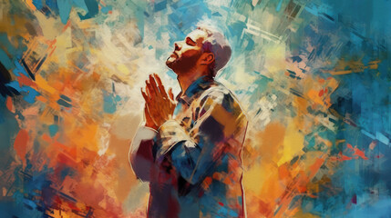Young man praying to God with hands held together, generative ai - obrazy, fototapety, plakaty