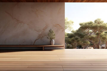 an empty wall with a wooden floor and an overhang, in the style of lifelike renderings, outdoor scenes,  neo-concrete, australian landscapes