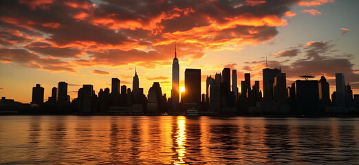 Cinematic view of cosmopolitan big city during sunset with orange tones and clouds in front of a river. New york - obrazy, fototapety, plakaty