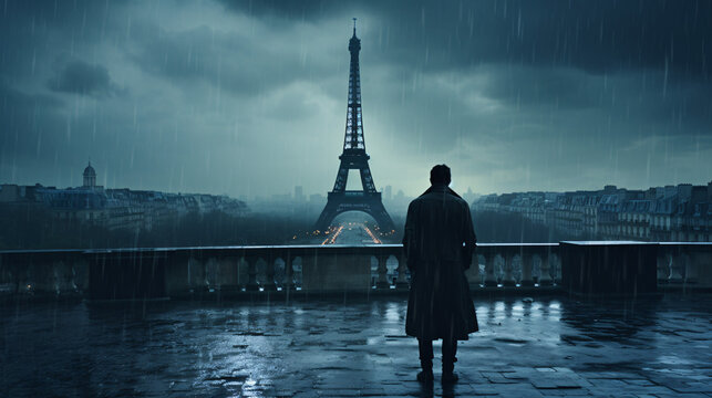 Cinematic view of a man with jacket looking to the eiffel tower in Paris from a blacony terrase during a dark cloudy and rainy night. Apocalyptic view.