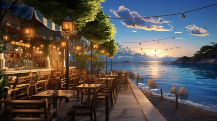 a serene scene of a waterfront restaurant by the ocean, with outdoor seating
