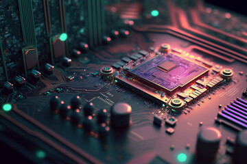 electronic circuit board, active microprocessor chip, bokeh