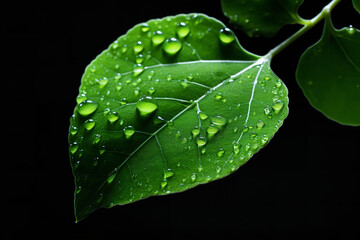Green leaf with water drop on black background