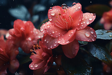 pink flowers with rain drops on top, in the style of dark yellow and dark orange, photo-realistic landscapes, dark red and light indigo,  hyper-realistic water, dark themes - Powered by Adobe