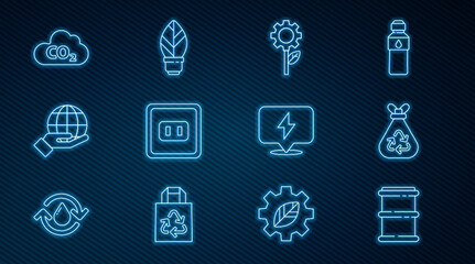 Set line Barrel, Garbage bag with recycle, Leaf plant in gear machine, Electrical outlet, Hand holding Earth globe, CO2 emissions cloud, Lightning bolt and bulb leaf icon. Vector