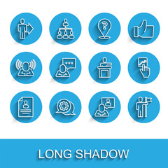 Fototapeta premium Set line Resume, Speech bubble chat, Team leader, Head hunting, and Speaker icon. Vector