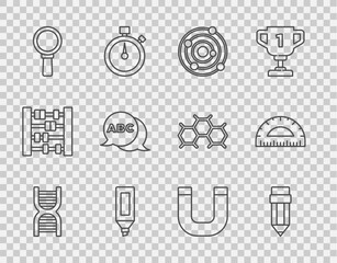 Set line DNA symbol, Pencil with eraser, Solar system, Marker pen, Magnifying glass, Alphabet, Magnet and Protractor icon. Vector