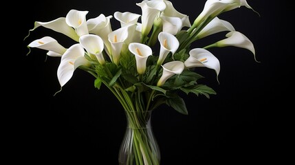 Create an elegant composition featuring a bouquet of white calla lilies, exuding purity and grace in their simple yet striking form