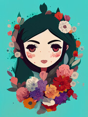 Cute Girl: face framed by flowers illustration