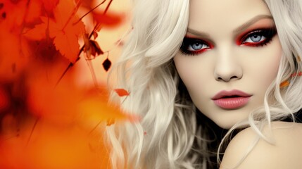 A woman with long white hair and red makeup, embracing the beauty of autumn