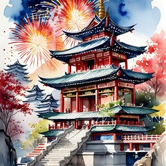 Asian Temple and fireworks