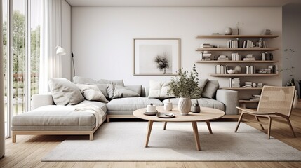 Create an inviting display of a Scandinavian-inspired living room with clean lines, neutral tones, and cozy textiles