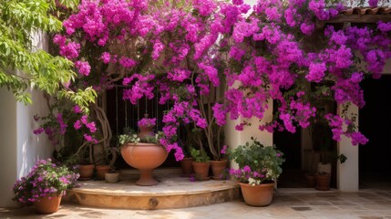 Fototapeta na wymiar Create an inviting display of a Mediterranean courtyard filled with bougainvillea, geraniums, and terracotta pots overflowing with blooms