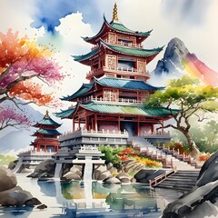 Asian Temple, rainbow on mountain in background, surrounded by cherry blossom trees