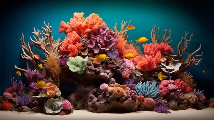 Create an inviting display of a colorful coral reef teeming with marine life