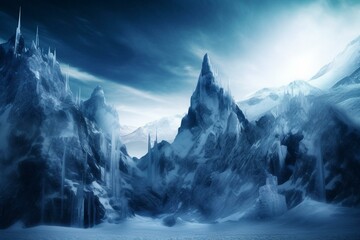 A frozen fantasy landscape with an ice wall portraying a dark winter mountain view, symbolizing the end of the world. Generative AI