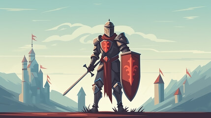 A stylized knight with sword and shield in a dynamic pose