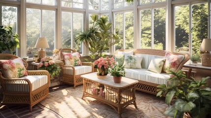 Create an inviting display of a sunlit conservatory with floor-to-ceiling windows, potted plants, and comfortable wicker furniture